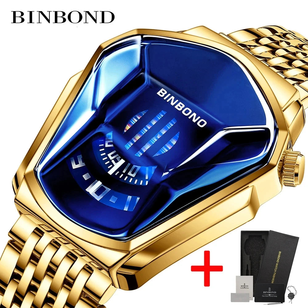 BINBOND Fashion Luxury Unique Military Motorcycle Stainless Steel Business Sports Men's Golden Watch Style