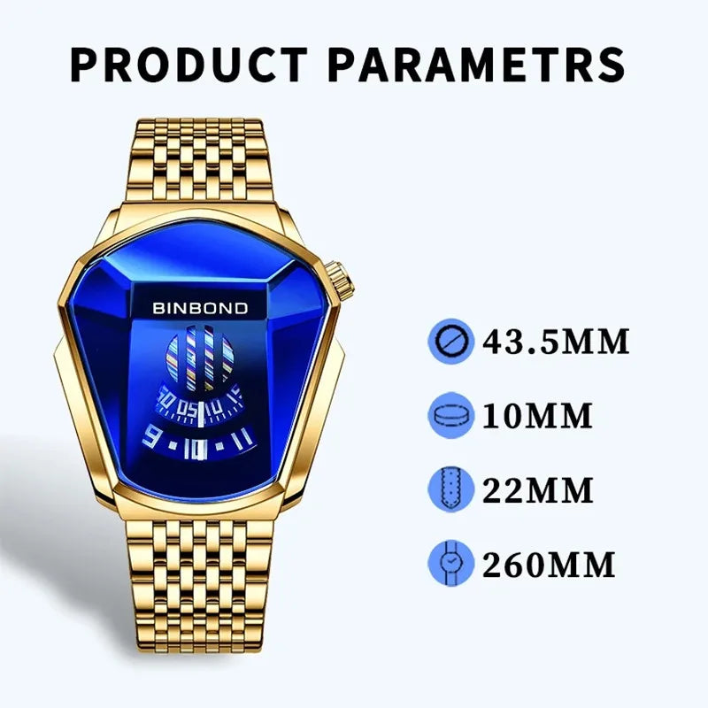 BINBOND Fashion Luxury Unique Military Motorcycle Stainless Steel Business Sports Men's Golden Watch Style