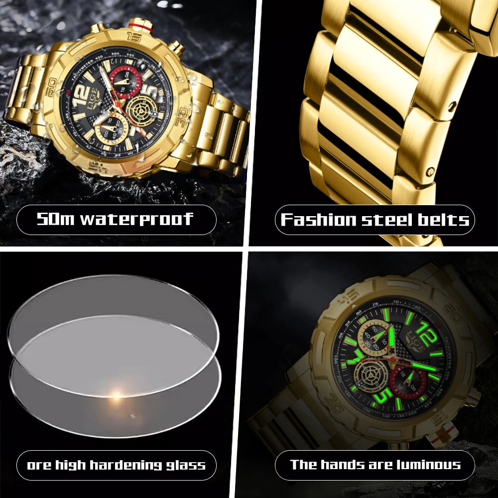 LIGE Top Band Luxury Gold Chronograph Watch for Men Waterproof