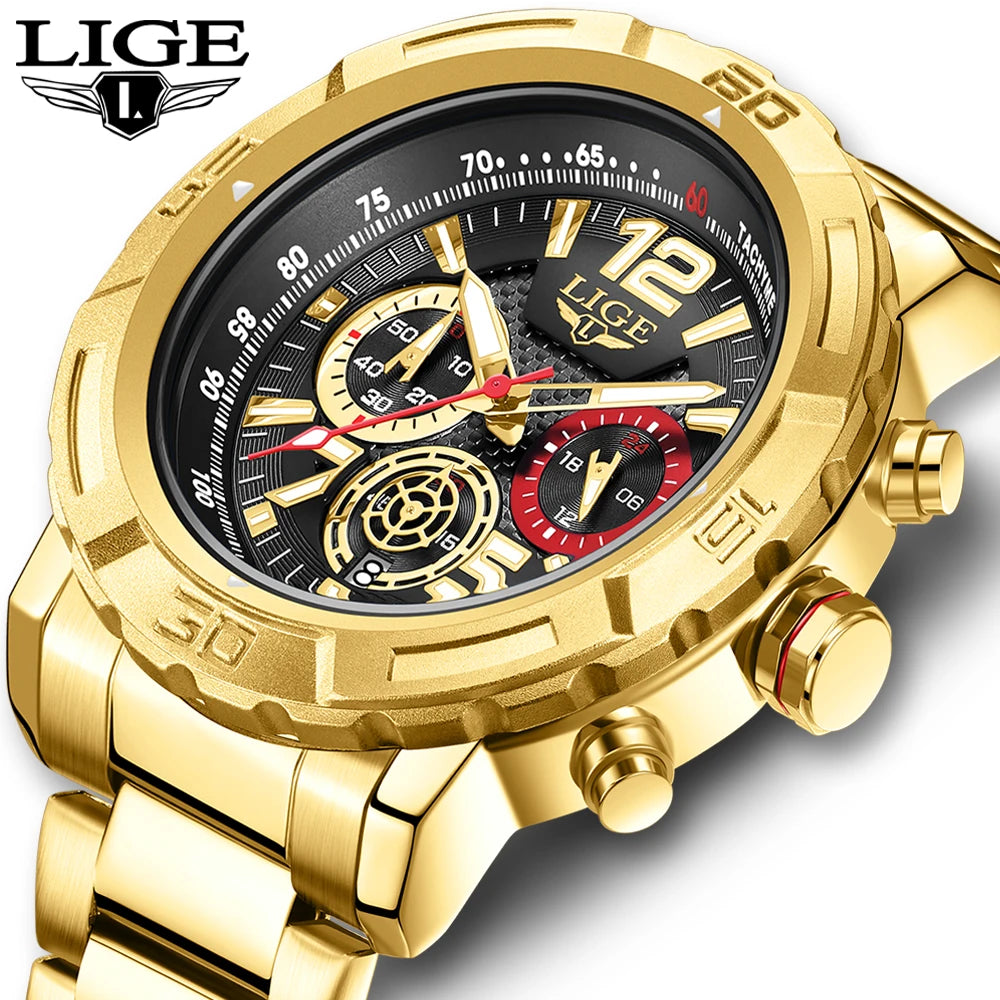 LIGE Top Band Luxury Gold Chronograph Watch for Men Waterproof