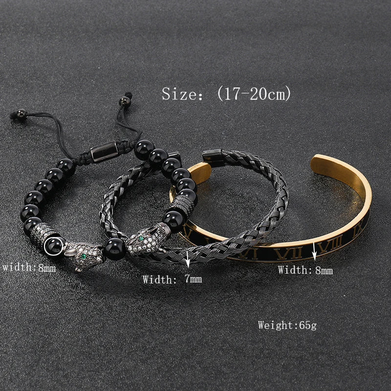 Luxury Black Stone Beads Leopard Head Man Bracelet Enamel Stainless Steel