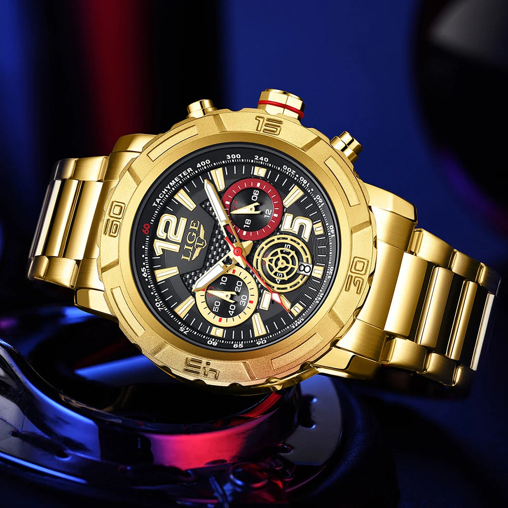 LIGE Top Band Luxury Gold Chronograph Watch for Men Waterproof