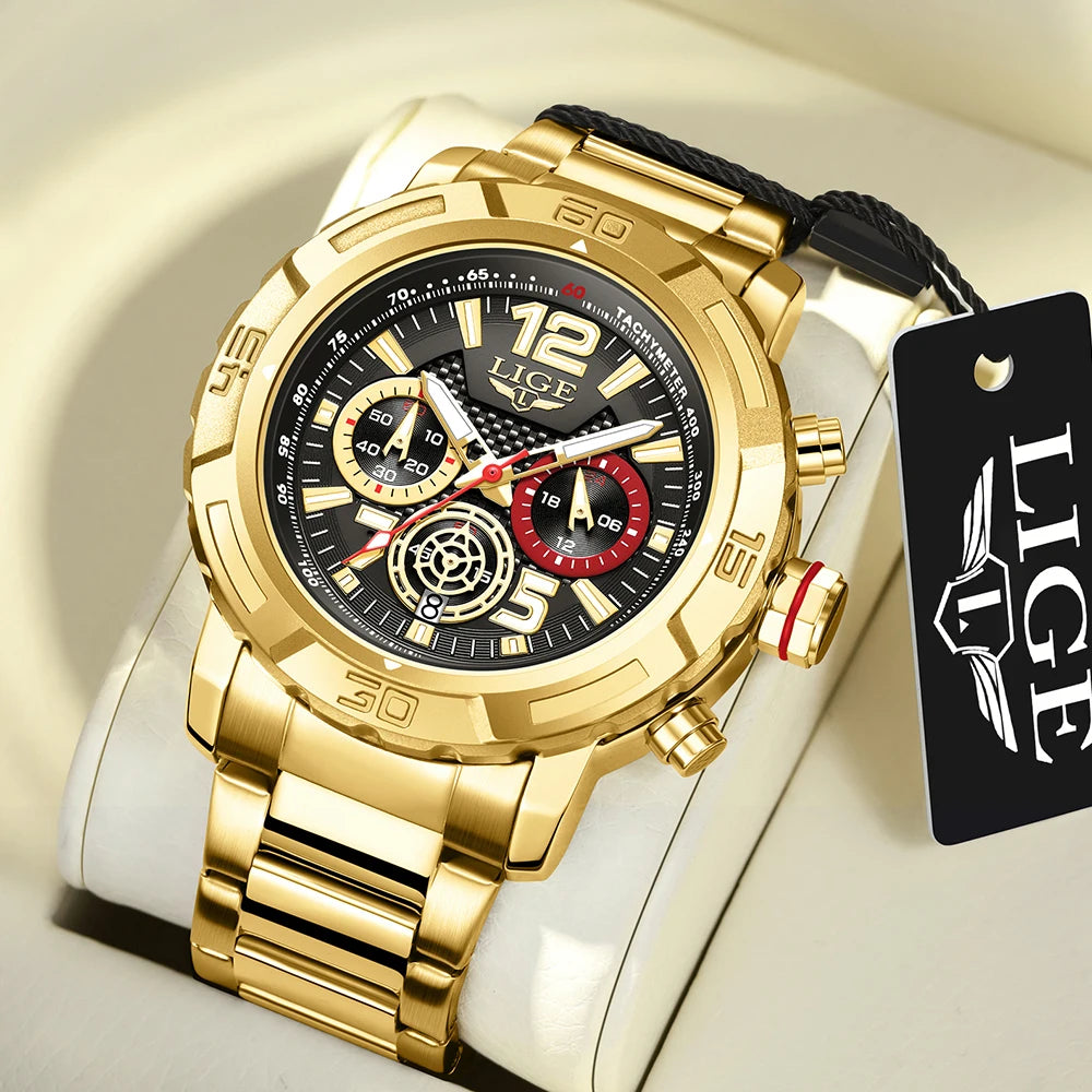 LIGE Top Band Luxury Gold Chronograph Watch for Men Waterproof