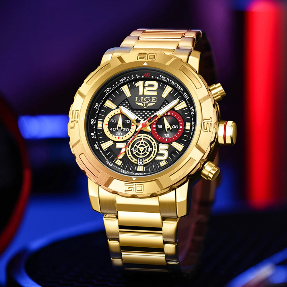 LIGE Top Band Luxury Gold Chronograph Watch for Men Waterproof