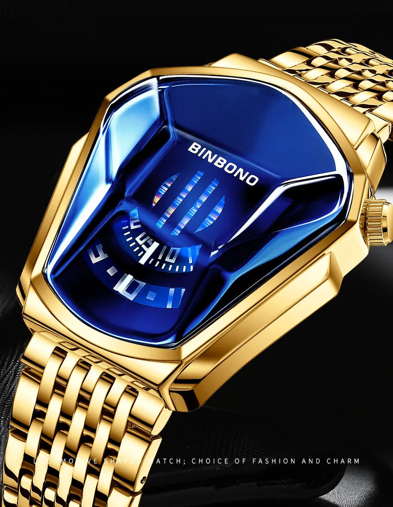 BINBOND Fashion Luxury Unique Military Motorcycle Stainless Steel Business Sports Men's Golden Watch Style